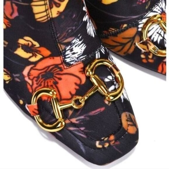 Women Flower Print Square Toe Chain Bit Buckle Block Heel Bootie - Picture 3 of 4